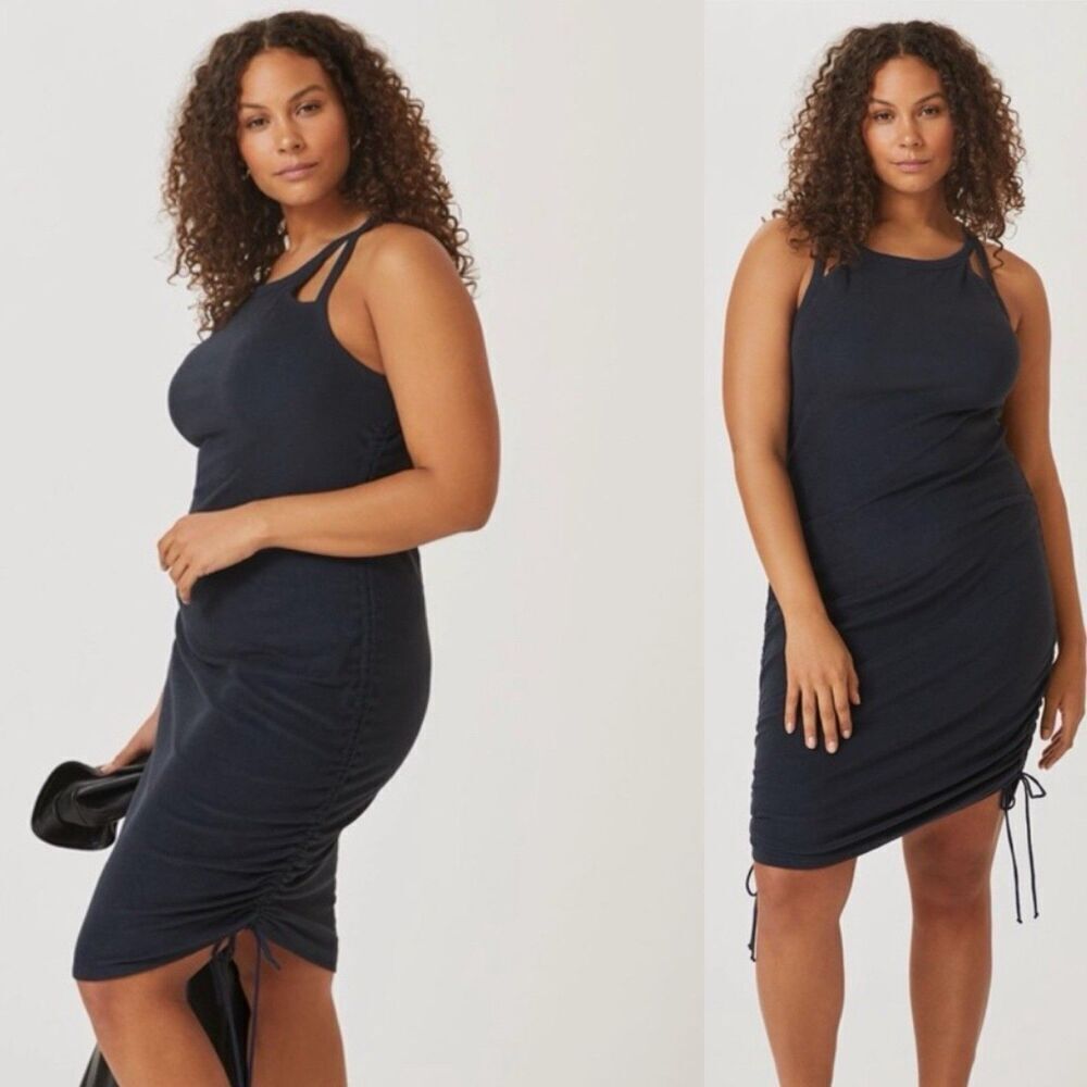 Anthropologie Daily Practice Midi Dress Large Tank Blue Strappy Sleeveless Ruche